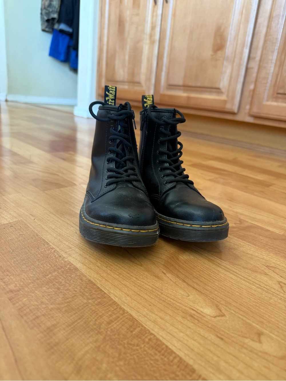 Dr. Martens Black Leather Lace-Up Boots with Yellow Stitching